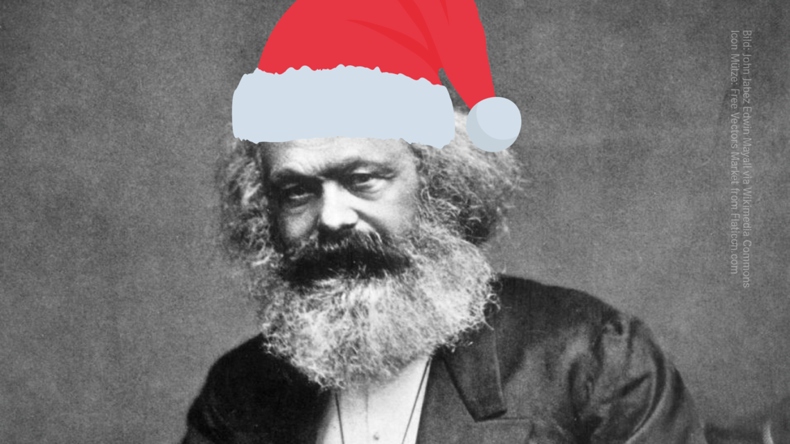 Zu sehen ist ein altes schwarz-weiß Bild von Karl Marx, der eine rote Weihnachtsmütze trägt